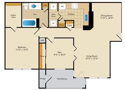 Floor plan for 1 bed, 1 bath, 938 sqft