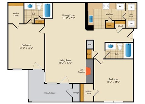 Floor plan for 2 beds, 2 baths, 1100 sqft