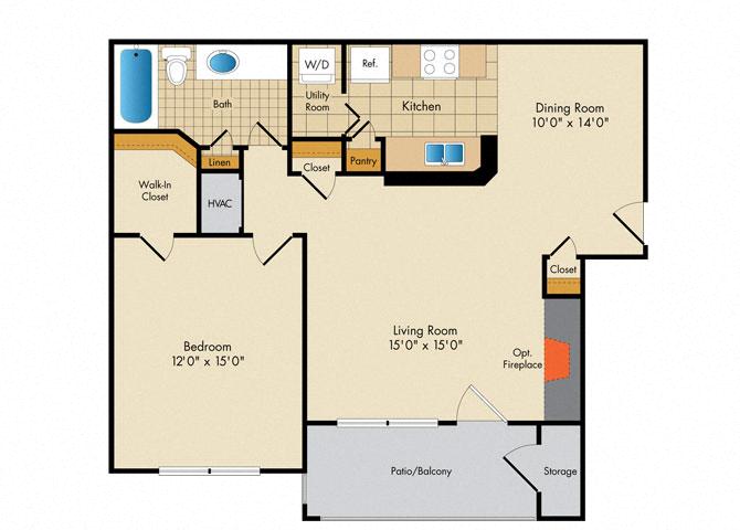 Floor plan for 1 bed, 1 bath, 640 sqft