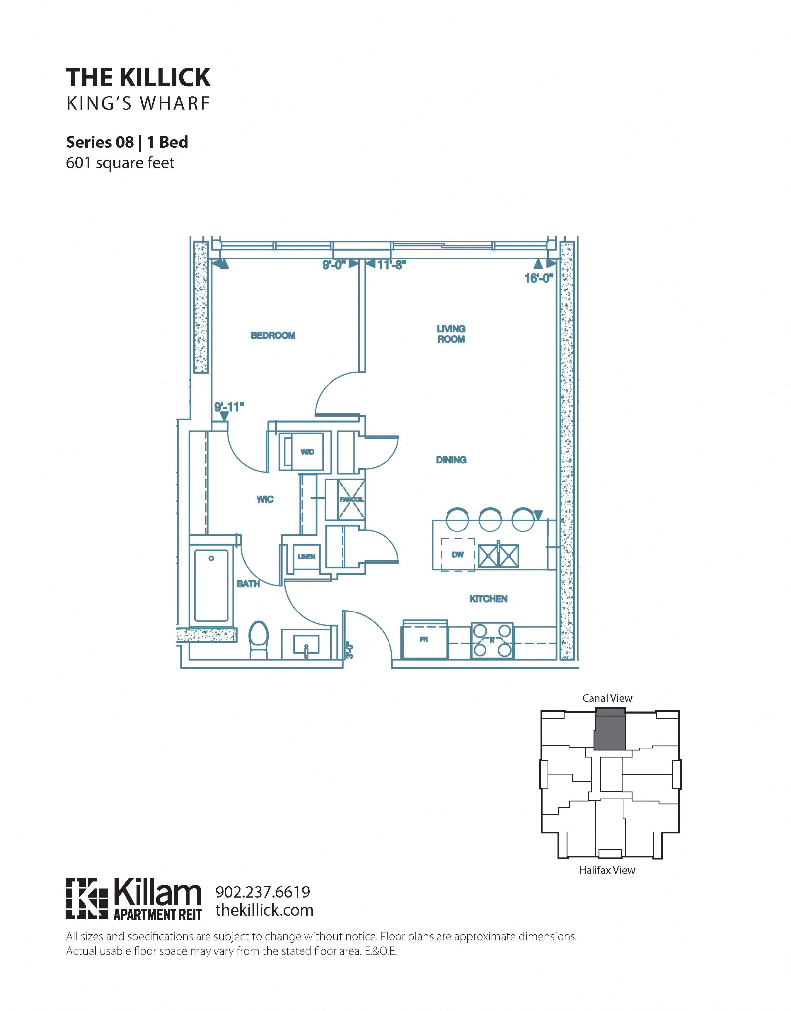 Floor plan for 1 bed, 1 bath, 601 sqft