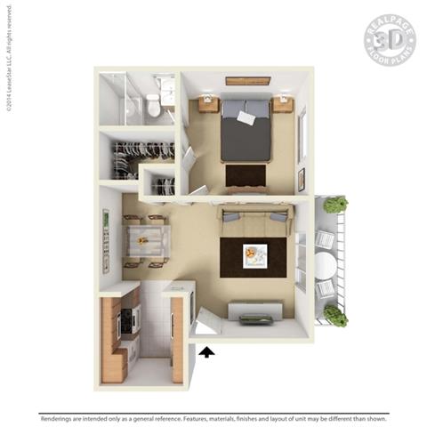 Floor plan for 1 bed, 1 bath, 600 sqft