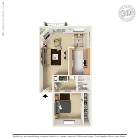Floor plan for 1 bed, 1 bath, 700 sqft