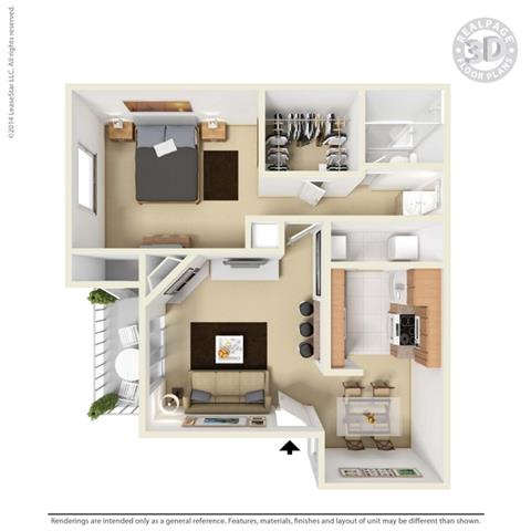 Floor plan for 1 bed, 1 bath, 750 sqft