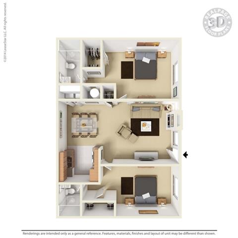 Floor plan for 2 beds, 2 baths, 927 sqft