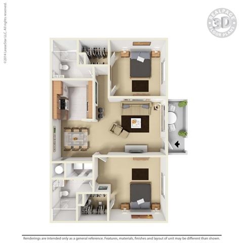 Floor plan for 2 beds, 2 baths, 1000 sqft
