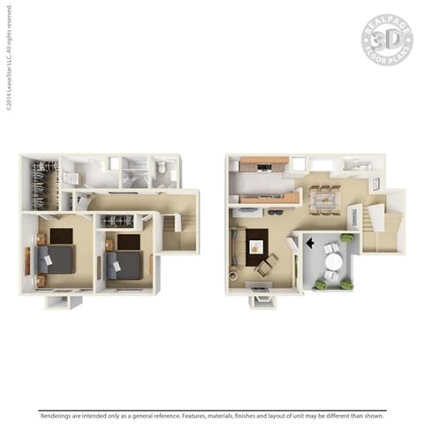 Floor plan for 2 beds, 1.5 baths, 1200 sqft