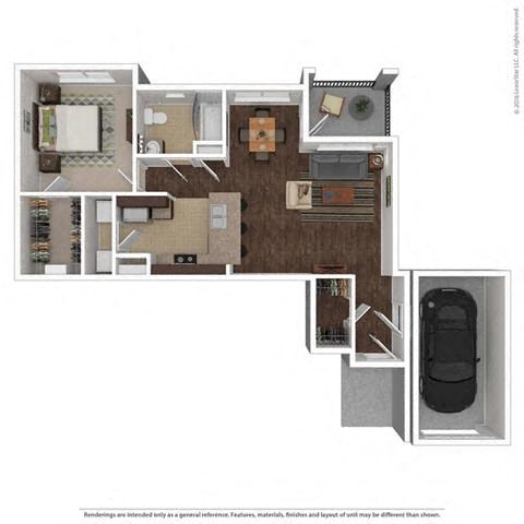 Floor plan for 1 bed, 1 bath, 762 sqft