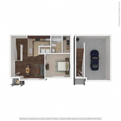Floor plan for 1 bed, 1 bath, 743 sqft