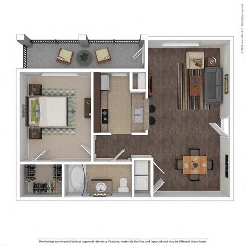 Floor plan for 1 bed, 1 bath, 726 sqft