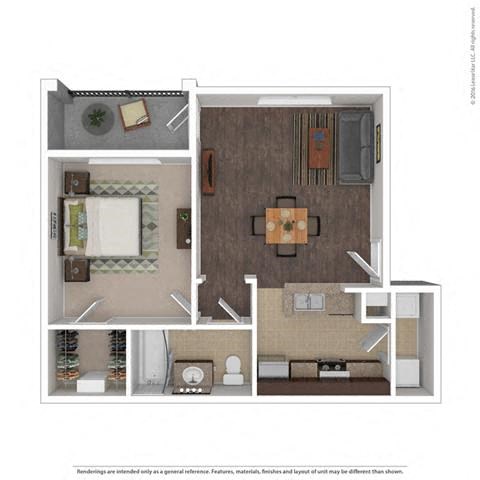 Floor plan for 1 bed, 1 bath, 608 sqft