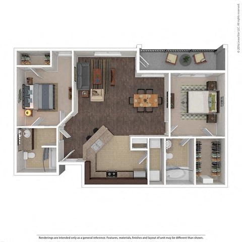 Floor plan for 2 beds, 2 baths, 1046 sqft