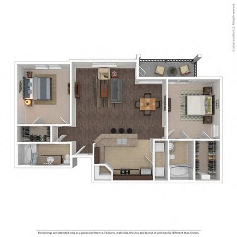 Floor plan for 2 beds, 2 baths, 1170 sqft