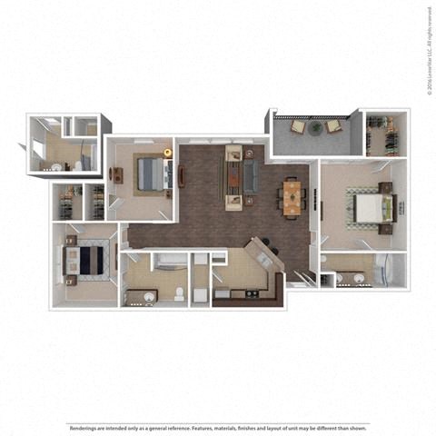 Floor plan for 3 beds, 2 baths, 1309 sqft