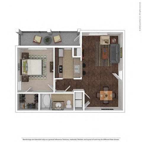 Floor plan for 1 bed, 1 bath, 726 sqft