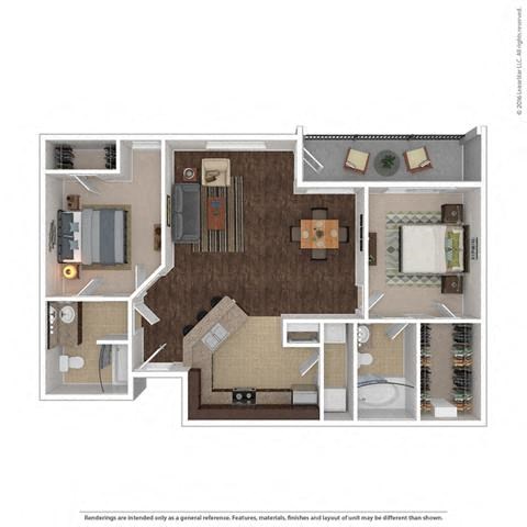 Floor plan for 2 beds, 2 baths, 1046 sqft