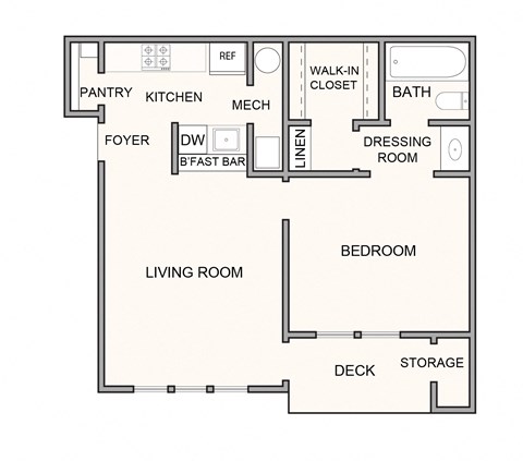 Floor plan for 1 bed, 1 bath, 630 sqft