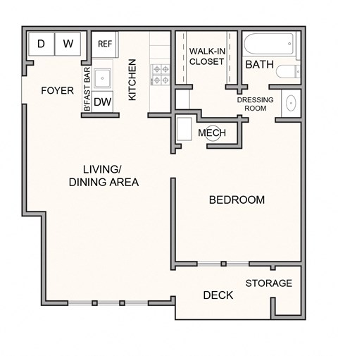 Floor plan for 1 bed, 1 bath, 719 sqft
