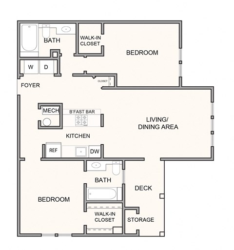 Floor plan for 2 beds, 2 baths, 1005 sqft