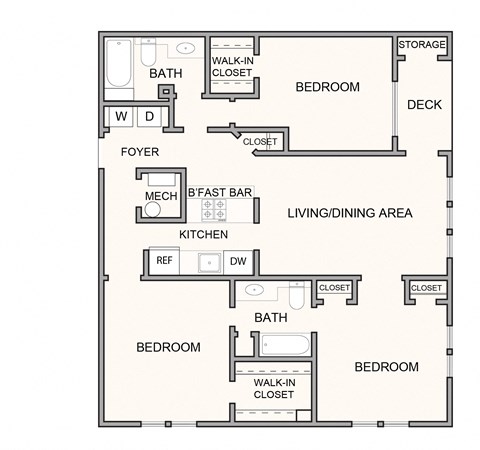 Floor plan for 3 beds, 2 baths, 1255 sqft