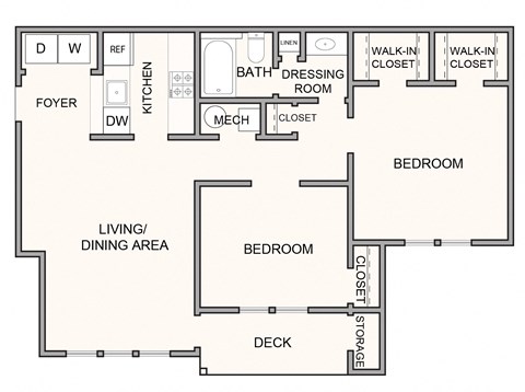 Floor plan for 2 beds, 1 bath, 919 sqft