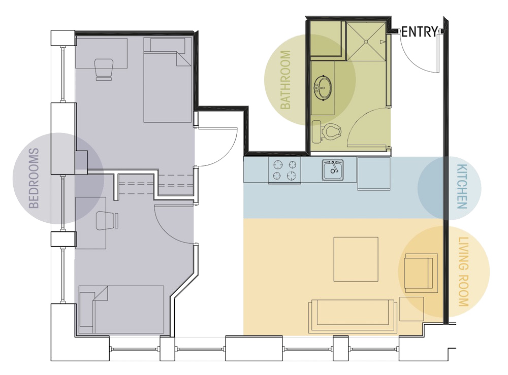 Floor plan for 2 beds, 1 bath, 600 sqft