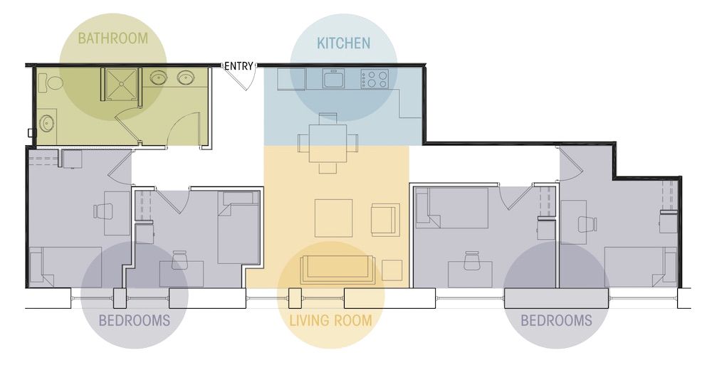 Floor plan for 4 beds, 1 bath, 900 sqft