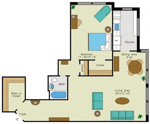 Floor plan for 1 bed, 1 bath, 825 sqft
