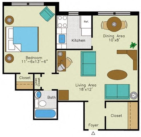 Floor plan for 1 bed, 1 bath, 775 sqft