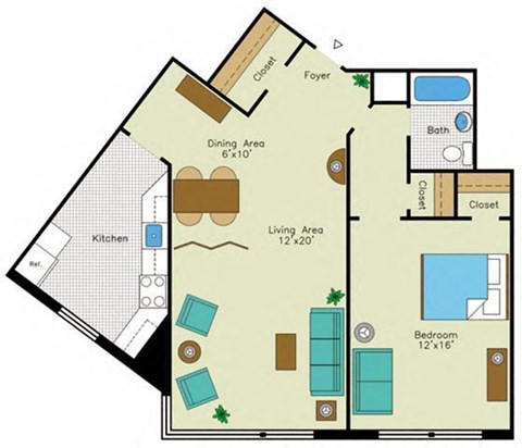 Floor plan for 1 bed, 1 bath, 800 sqft