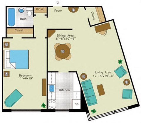 Floor plan for 1 bed, 1 bath, 825 sqft