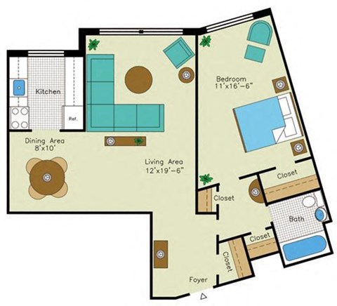Floor plan for 1 bed, 1 bath, 825 sqft
