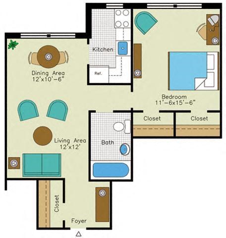 Floor plan for 1 bed, 1 bath, 800 sqft