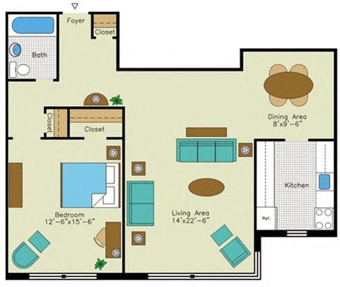 Floor plan for 1 bed, 1 bath, 825 sqft