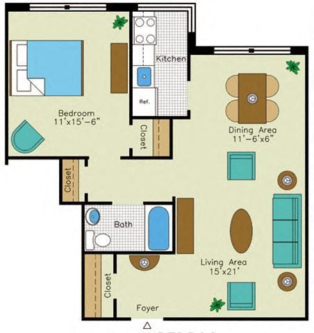 Floor plan for 1 bed, 1 bath, 800 sqft