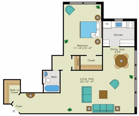 Floor plan for 1 bed, 1 bath, 825 sqft