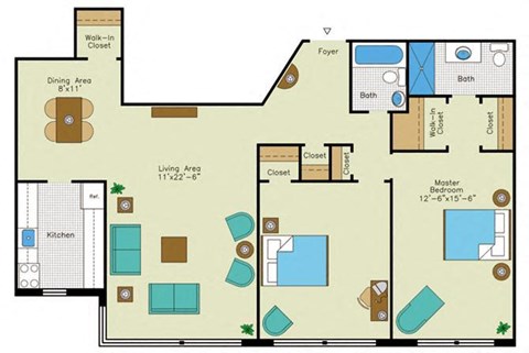Floor plan for 2 beds, 2 baths, 1000 sqft