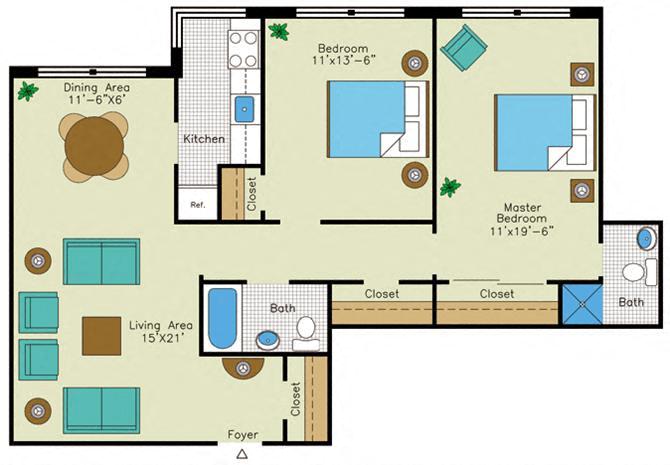 Floor plan for 2 beds, 2 baths, 1000 sqft