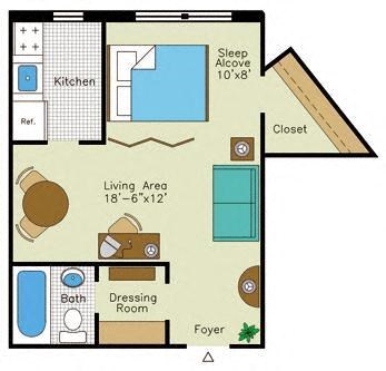 Floor plan for studio, 1 bath, 480 sqft