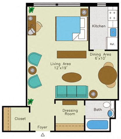 Floor plan for studio, 1 bath, 500 sqft
