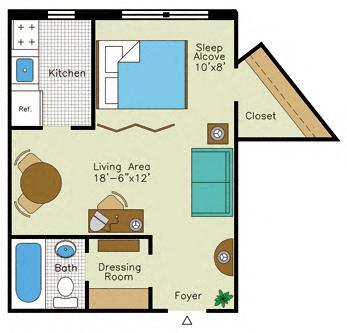 Floor plan for studio, 1 bath, 480 sqft