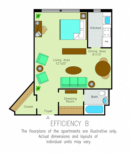 Floor plan for studio, 1 bath, 500 sqft
