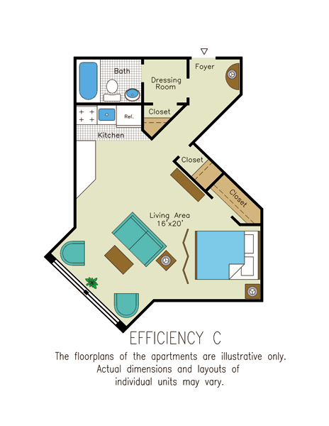 Floor plan for studio, 1 bath, 520 sqft