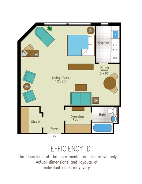 Floor plan for studio, 1 bath, 520 sqft