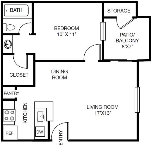 Floor plan for 1 bed, 1 bath, 532 sqft