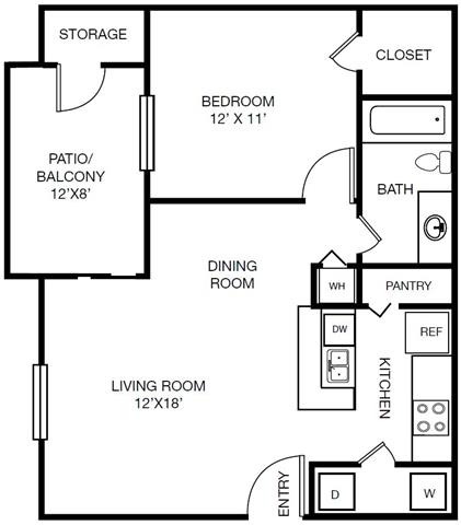 Floor plan for 1 bed, 1 bath, 648 sqft