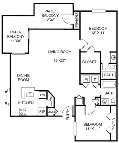 Floor plan for 2 beds, 2 baths, 1110 sqft