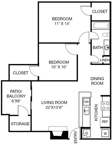 Floor plan for 2 beds, 1 bath, 848 sqft