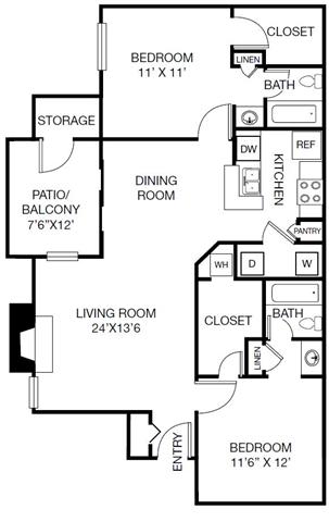 Floor plan for 2 beds, 2 baths, 948 sqft
