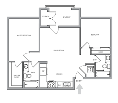 Floor plan for 2 beds, 2 baths, 741 sqft