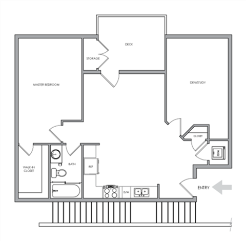 Floor plan for 1 bed, 1 bath, 799 sqft